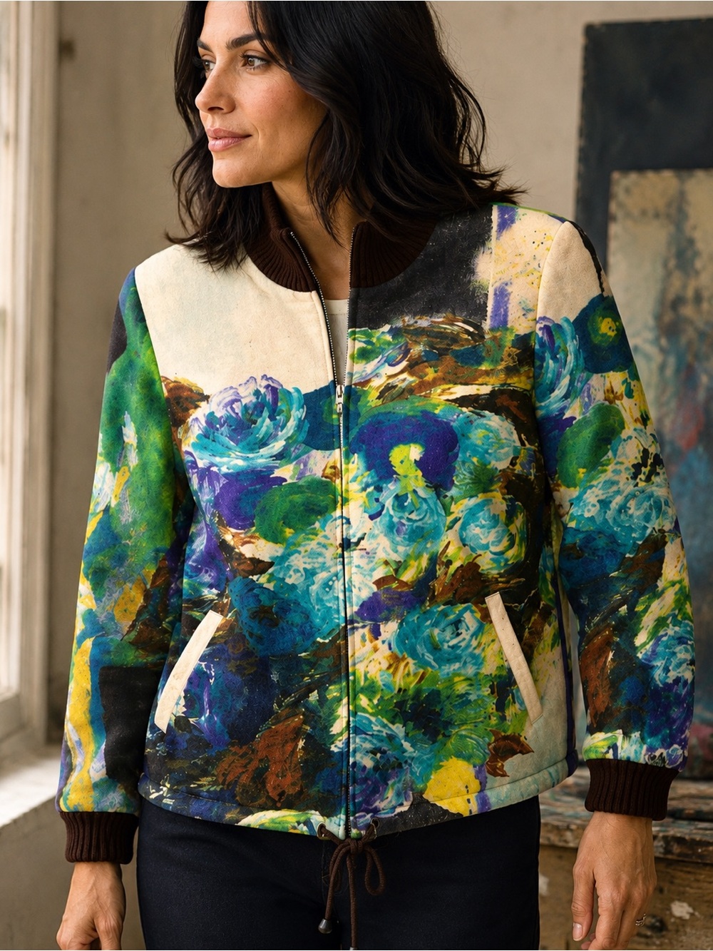 Lilly XL Abstract Watercolor Wool Blend Zip Jacket